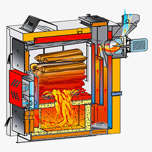 Spaccato caldaia a legna con gassificazione a fiamma inversa