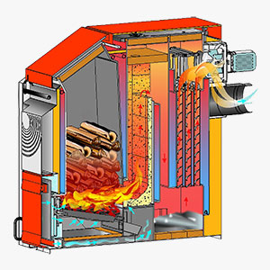 Spaccato caldaia a legna con gassificazione a fiamma assiale